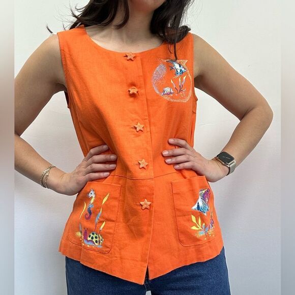 Vintage 90’s Orange Fish Ocean Theme Linen Sleeveless Top Vest Size M - Picture 2 of 10